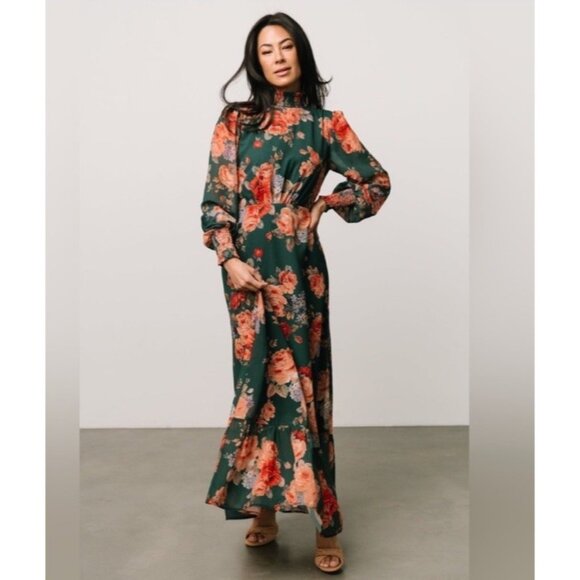 BALTIC BORN LUCIANA GREEN FLORAL HIGH NECK SHEER SLEEVE MAXI DRESS SZ XL - Picture 1 of 11
